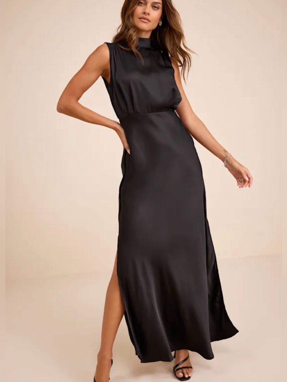 NWT Lulus Classic Elegance Black Satin Sleeveless Mock Neck Maxi Dress